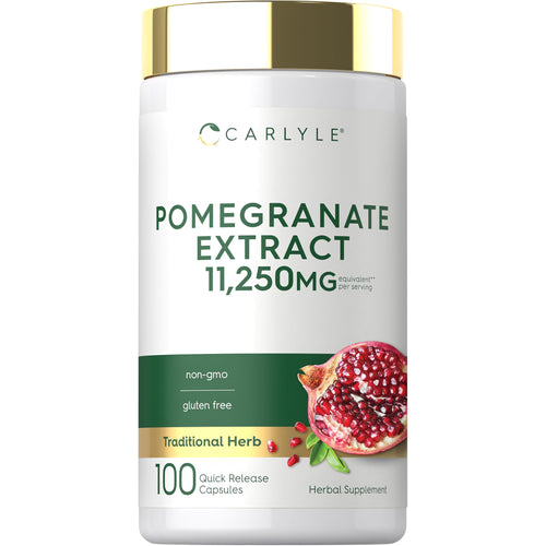 View 1 Pomegranate Extract 11,250MG per serving in 100 Quick Release Capsules; non-GMO, gluten-free formula.