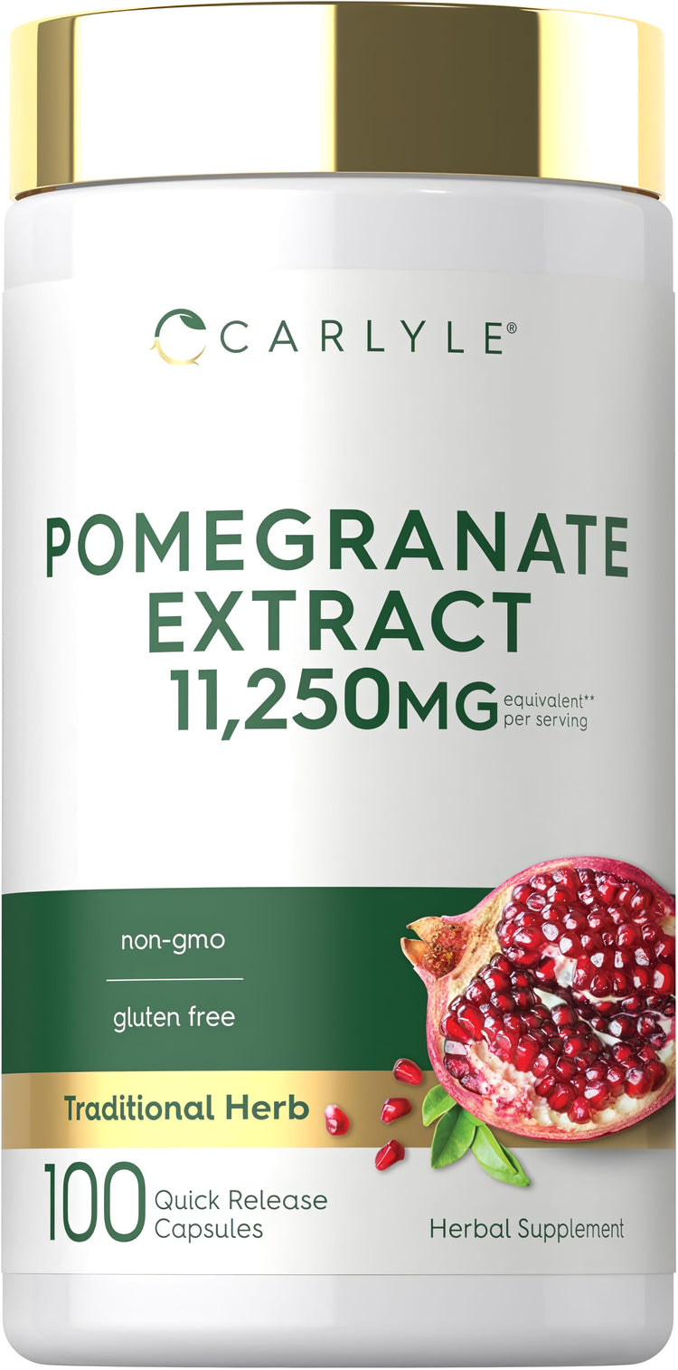 Pomegranate Extract 11,250MG per serving in 100 Quick Release Capsules; non-GMO, gluten-free formula.