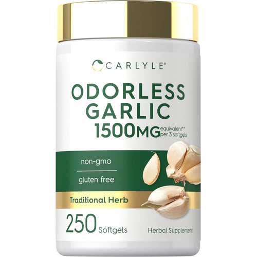 View 1 Odorless Garlic 1500MG equivalent per 3 softgels, 250 softgels. Non-GMO, gluten-free, traditional herb, herbal supplement.