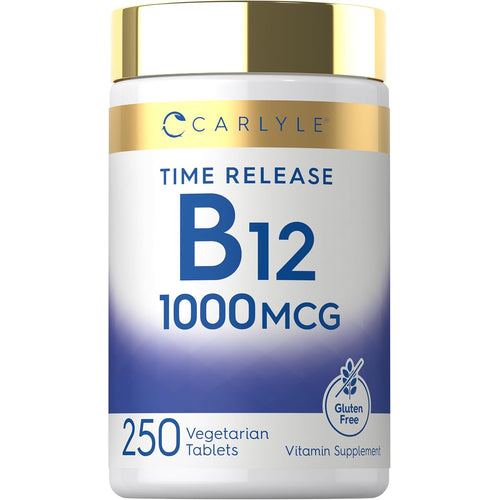 View 1 Carlyle Time Release B12 1000 MCG, 250 Vegetarian Tablets. Gluten-free vitamin supplement.