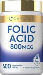 Carlyle Folic Acid 800 MCG, 400 vegetarian tablets, gluten-free bottle.