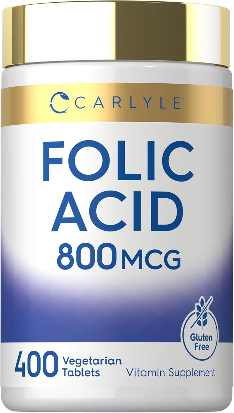 Carlyle Folic Acid 800 MCG, 400 vegetarian tablets, gluten-free bottle.