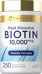 Carlyle Fast Dissolve Biotin 10,000 mcg in natural berry flavor, with 250 fast dissolve tablets.