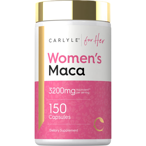 View 1 Carlyle Women's Maca 3200mg equivalent per serving, 150 Capsules, dietary supplement bottle.