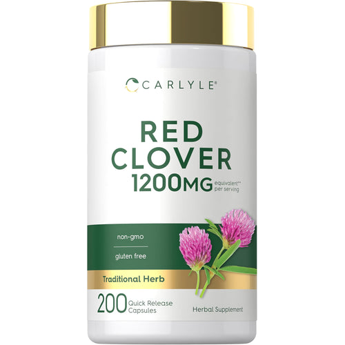 View 1 Carlyle Red Clover 1200 mg capsules, 200 quick release. Non-GMO, gluten free herbal supplement.