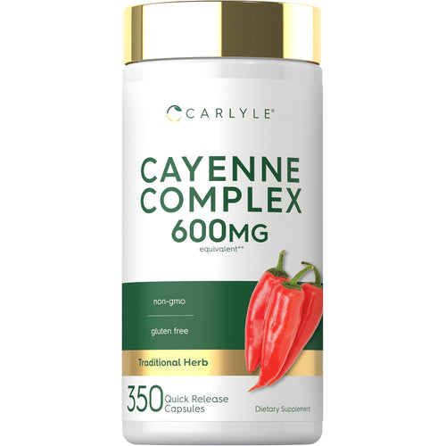 View 1 Carlyle Cayenne Complex 600 mg, 350 quick release capsules, non-GMO, gluten-free dietary supplement.