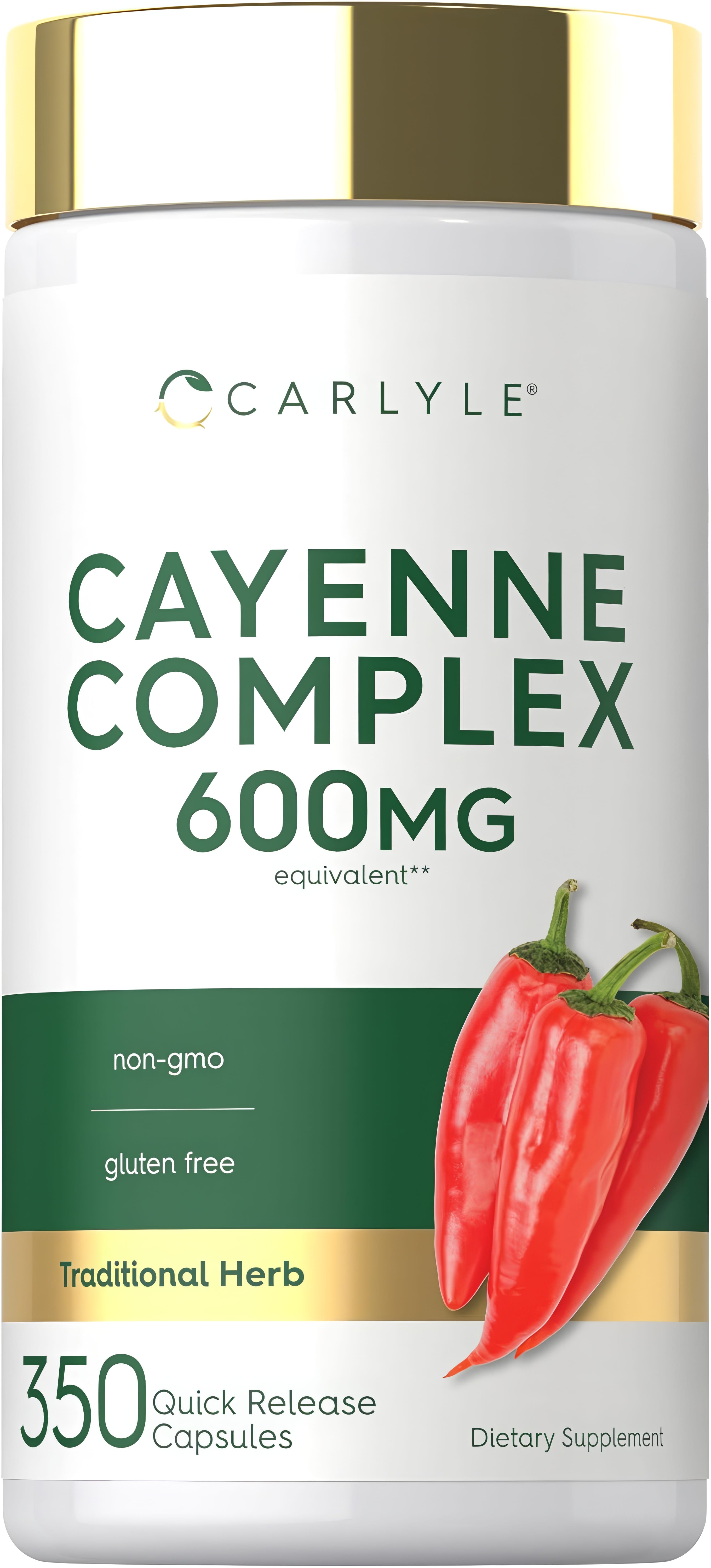 Carlyle Cayenne Complex 600 mg, 350 quick release capsules, non-GMO, gluten-free dietary supplement.