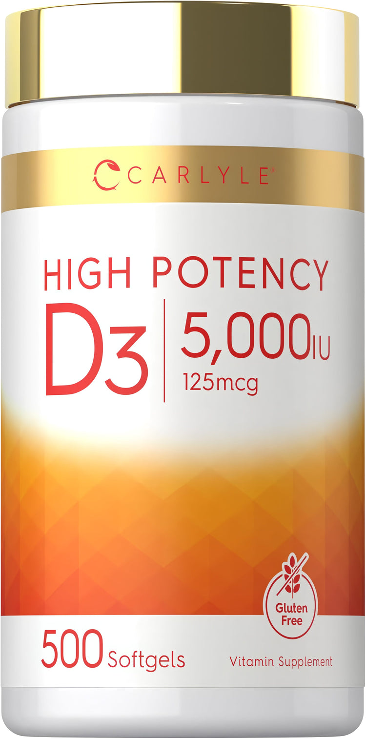 Carlyle High Potency D3 5,000 IU (125 mcg), 500 softgels. Gluten-free vitamin supplement.