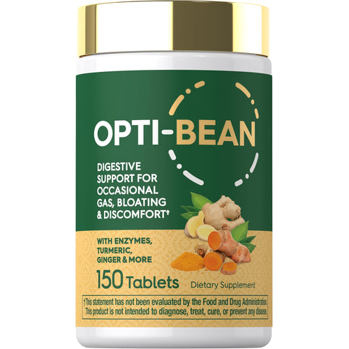 View 1 Opti-Bean 150 Tablets for digestive support, occasional gas, bloating, and discomfort, featuring enzymes, turmeric, ginger.