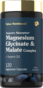Tahoe Nutritionals Magnesium Glycinate & Malate Complex with Vitamin D3 in 120 vegetarian capsules.