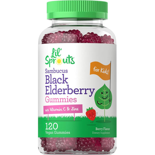 View 1 Lil' Sprouts Sambucus Black Elderberry Gummies for Kids, with Vitamin C and Zinc, 120 Vegan Gummies, Berry Flavor.