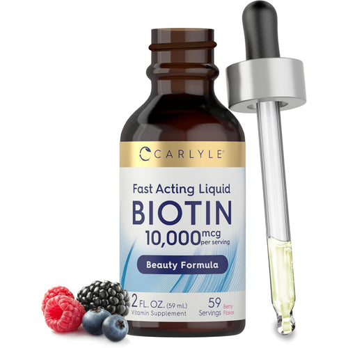 View 1 Biotin 10,000 mcg per serving, fast-acting liquid vitamin supplement, 2 fl oz (59 mL) with 59 berry-flavored servings.