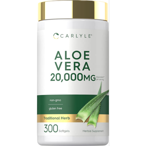 View 1 Carlyle Aloe Vera 20,000MG per serving, 300 softgels. Non-GMO and gluten-free herbal supplement.