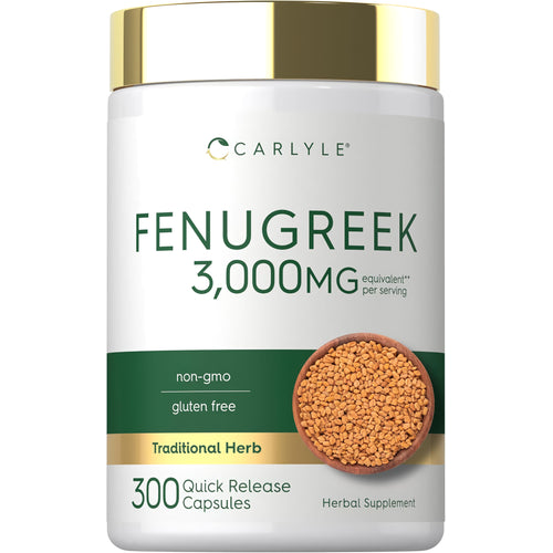 View 1 The product is Fenugreek 3,000MG per serving, 300 Quick Release Capsules, non-gmo, gluten free, traditional herb.