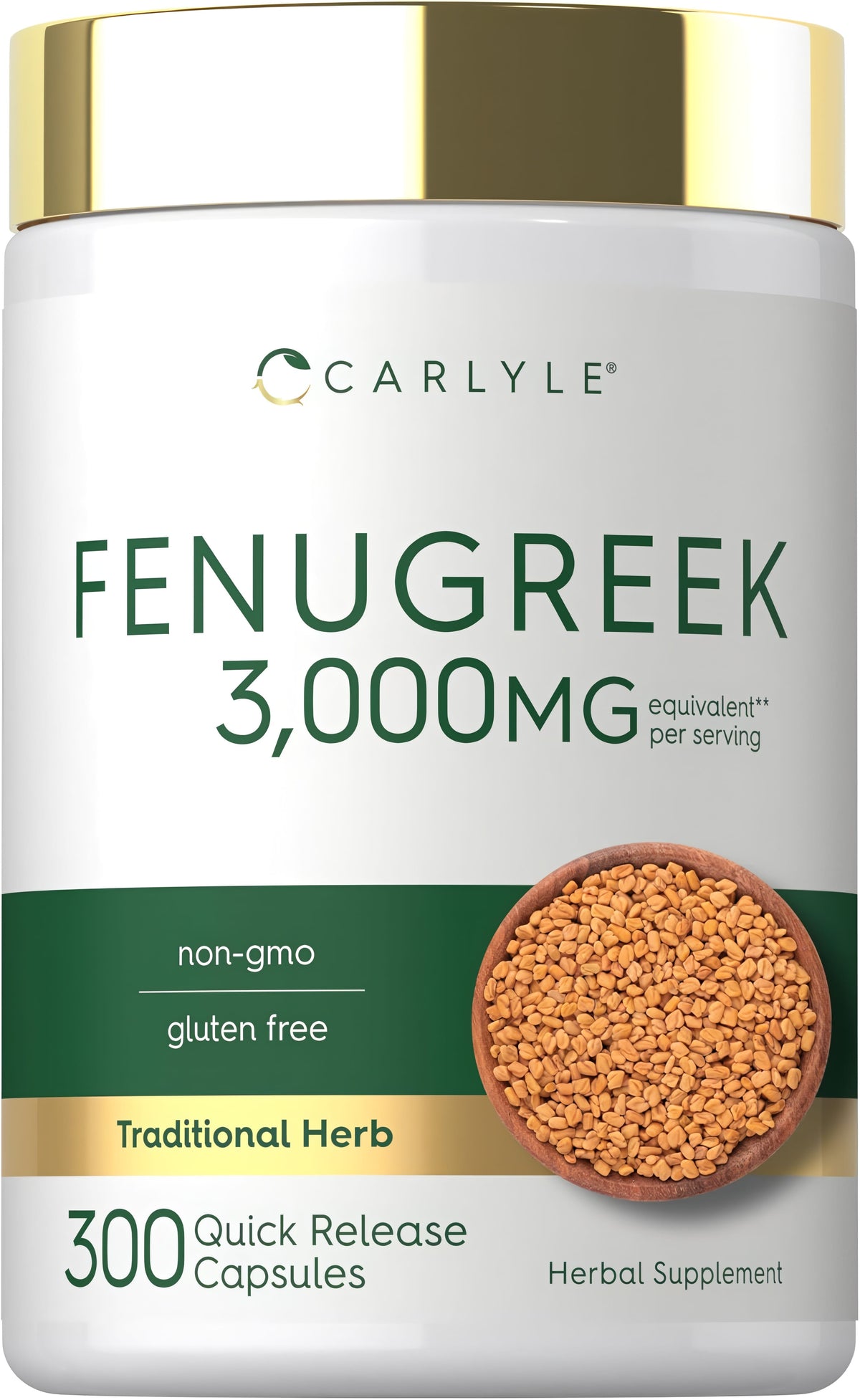 The product is Fenugreek 3,000MG per serving, 300 Quick Release Capsules, non-gmo, gluten free, traditional herb.