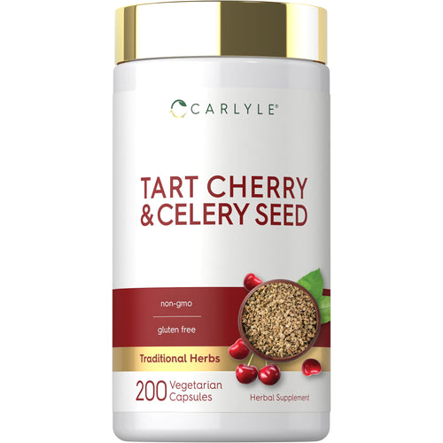 View 1 Tart Cherry & Celery Seed 200 vegetarian capsules. Non-GMO, gluten free, herbal supplement.