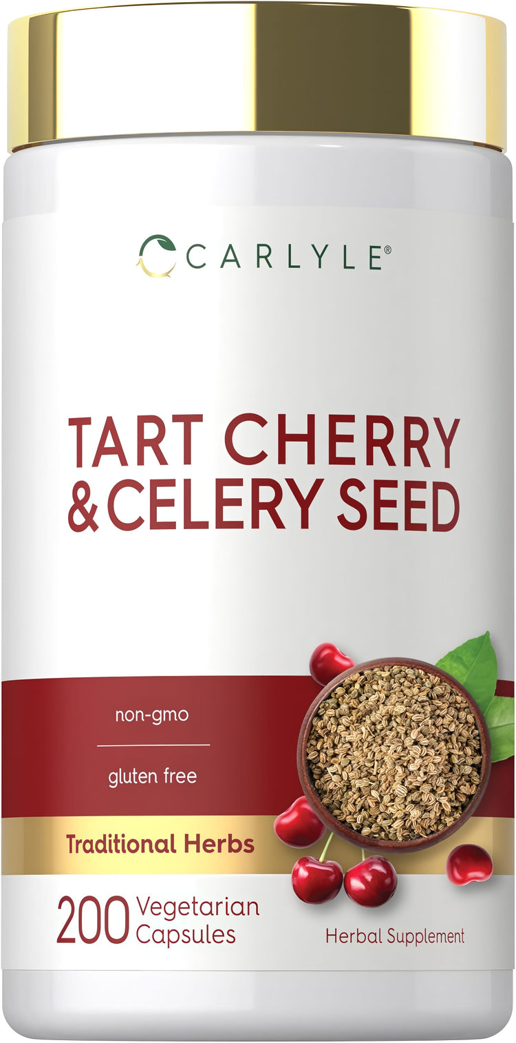 Tart Cherry & Celery Seed 200 vegetarian capsules. Non-GMO, gluten free, herbal supplement.