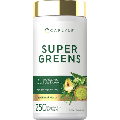 View 1 Carlyle Super Greens 250 Vegetarian Capsules, a non-GMO and gluten-free dietary supplement.