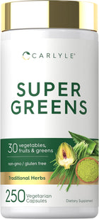 Carlyle Super Greens 250 Vegetarian Capsules, a non-GMO and gluten-free dietary supplement.
