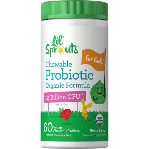 View 1 Chewable Probiotic Organic Formula for Kids with 12 Billion CFU, 60 Vegan Tablets, Berry Flavor. USDA Organic certified.