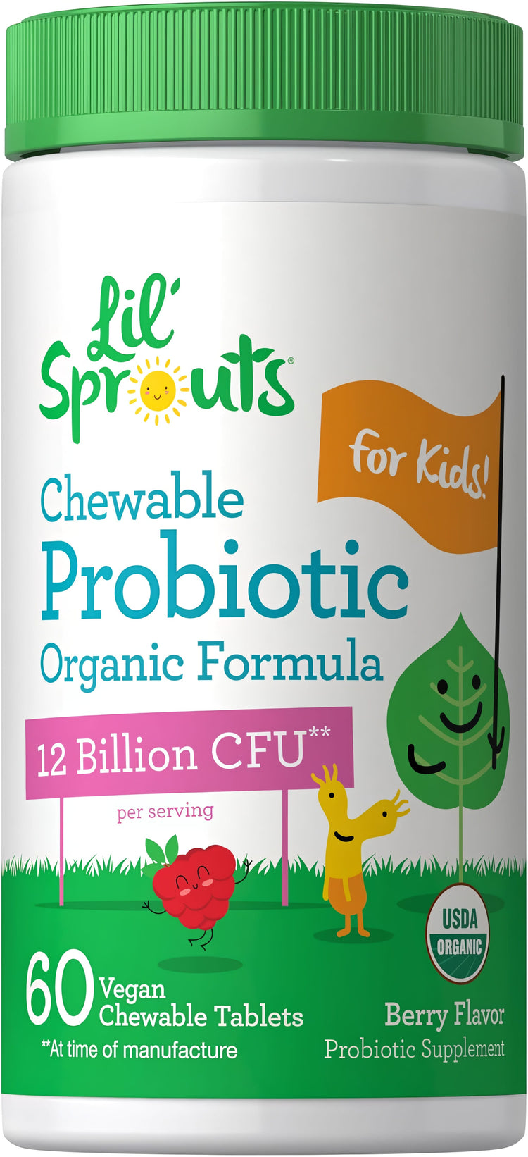 Chewable Probiotic Organic Formula for Kids with 12 Billion CFU, 60 Vegan Tablets, Berry Flavor. USDA Organic certified.