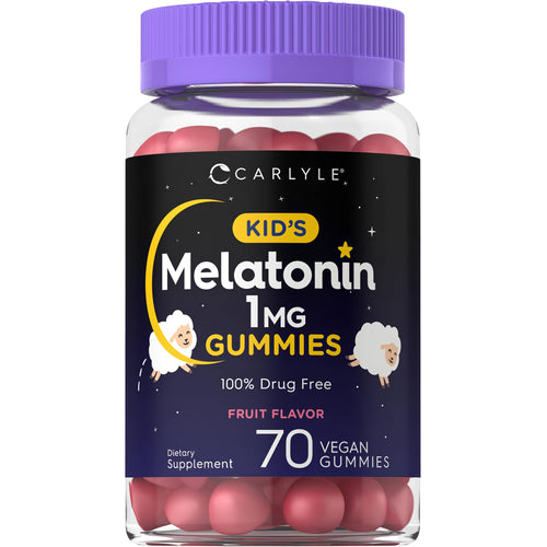View 1 Carlyle Kid's Melatonin 1MG Fruit Flavor Gummies, 100% drug free, with 70 vegan dietary supplement gummies.