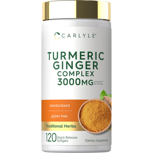 View 1 Turmeric Ginger Complex 3000mg per serving, gluten-free, 120 quick-release softgels.