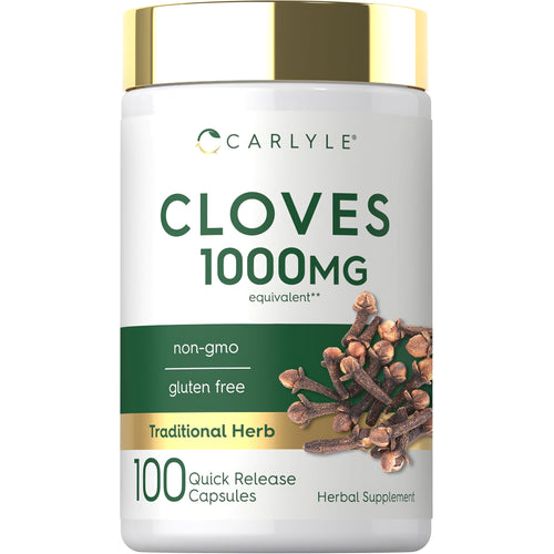View 1 Cloves 1000 mg equivalent, 100 quick-release capsules, non-GMO, gluten-free, traditional herb supplement.