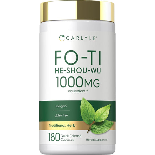 View 1 Fo-Ti He-Shou-Wu capsules with 1000 mg equivalent in a 180-count bottle, featuring quick release.