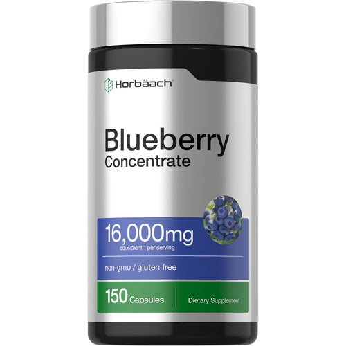 View 1 Blueberry Concentrate supplement with 16,000mg per serving, non-GMO and gluten-free, 150 capsules.