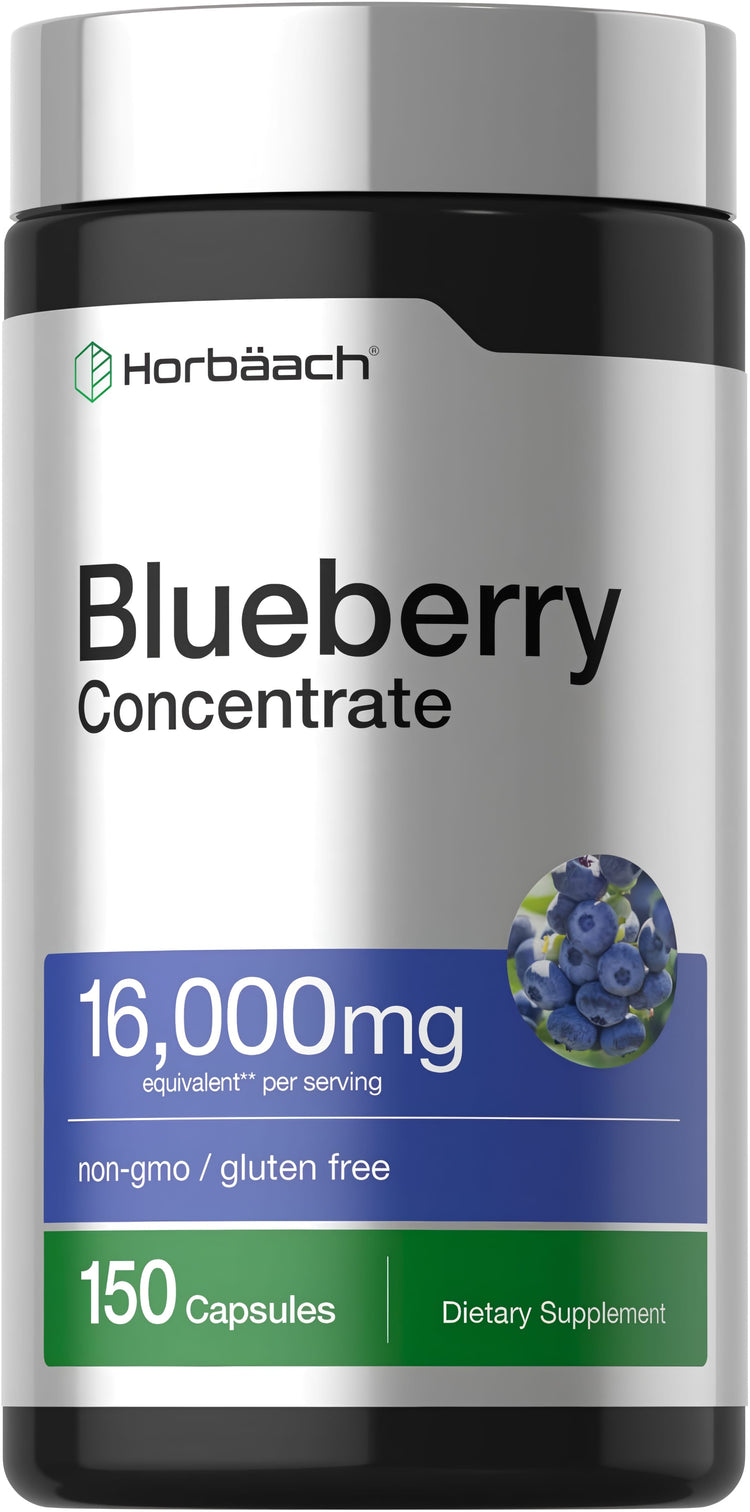 Blueberry Concentrate supplement with 16,000mg per serving, non-GMO and gluten-free, 150 capsules.