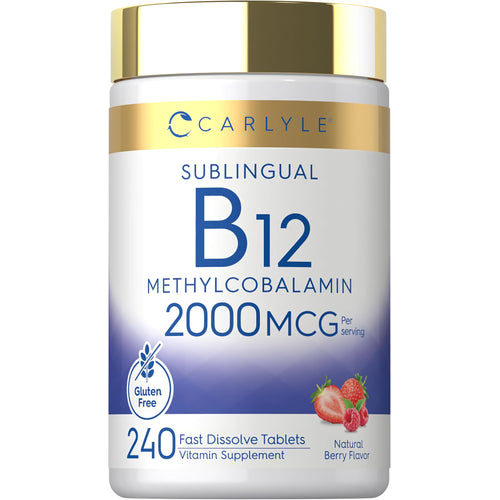 View 1 Carlyle Sublingual B12 Methylcobalamin 2000 MCG, 240 tablets, fast dissolve, natural berry flavor, gluten free.