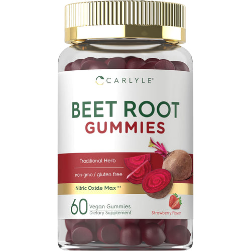 View 1 Carlyle Beet Root Gummies with 60 vegan, strawberry-flavored gummies. Non-GMO, gluten-free, featuring Nitric Oxide Max.