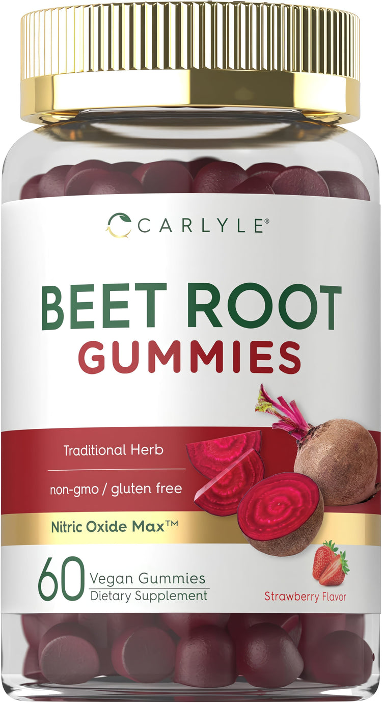Carlyle Beet Root Gummies with 60 vegan, strawberry-flavored gummies. Non-GMO, gluten-free, featuring Nitric Oxide Max.