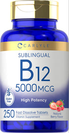 Carlyle Sublingual B12 5000 MCG, Gluten Free, High Potency, 250 Fast Dissolve Tablets, Vitamin Supplement, Natural Berry Flavor.