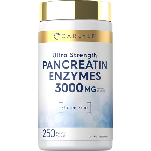 View 1 Carlyle Ultra Strength Pancreatin Enzymes 3000 MG per serving, 250 Coated Caplets. Gluten-free dietary supplement.