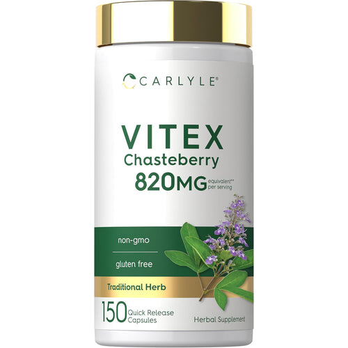 View 1 Carlyle Vitex Chasteberry supplement with 150 capsules of 820 mg each, featuring quick release for optimal effectiveness.