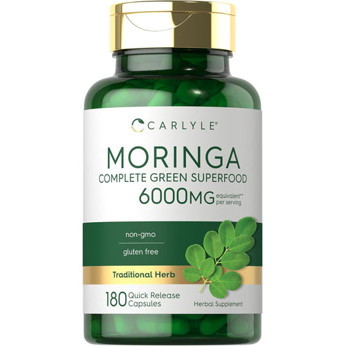 View 1 Carlyle Moringa 6000mg Complete Green Superfood capsules, non-GMO, gluten-free, 180 quick release capsules.