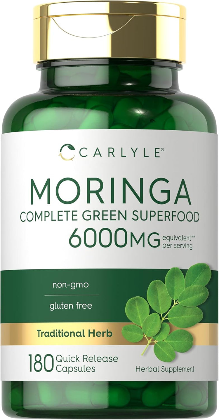 Carlyle Moringa 6000mg Complete Green Superfood capsules, non-GMO, gluten-free, 180 quick release capsules.
