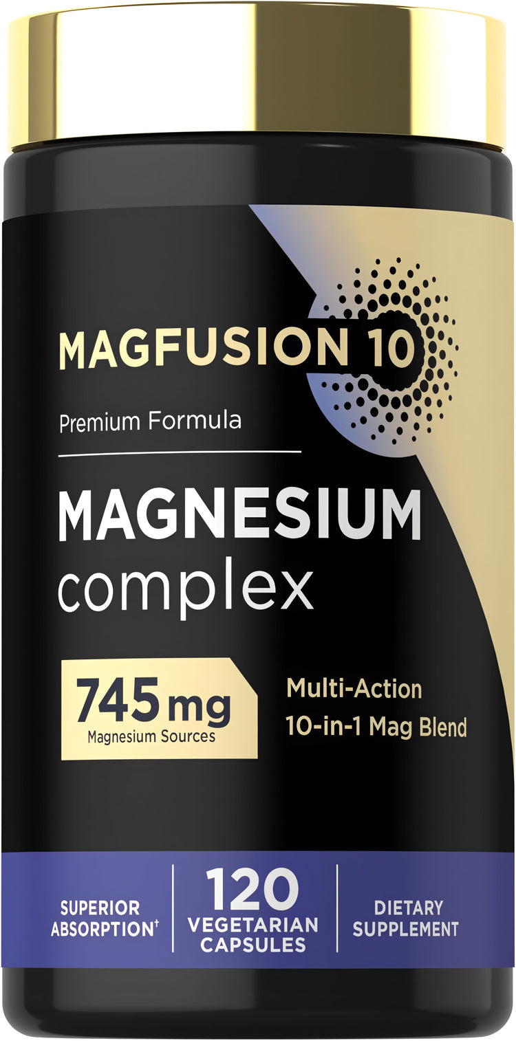 MAGFUSION 10 Magnesium Complex, Premium Formula, 745 mg, offers a 10-in-1 Mag Blend with 120 Vegetarian Capsules.