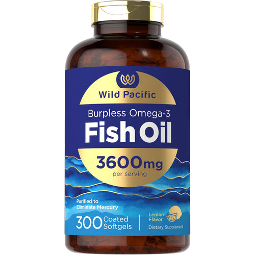 View 1 3600mg Burpless Omega-3 Fish Oil per serving with 300 lemon-flavored, mercury-free coated softgels.