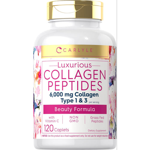 View 1 Luxurious Collagen Peptides 6,000 mg Type 1 & 3 with Vitamin C, 120 caplets in a bottle.