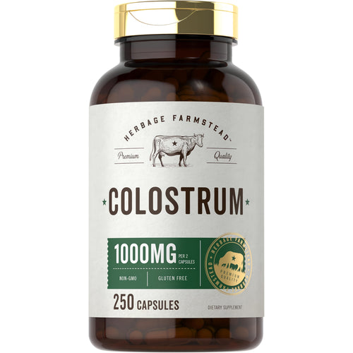 View 1 Bottle showing Colostrum 1000 mg dosage, 2 capsules, total 250 capsules.