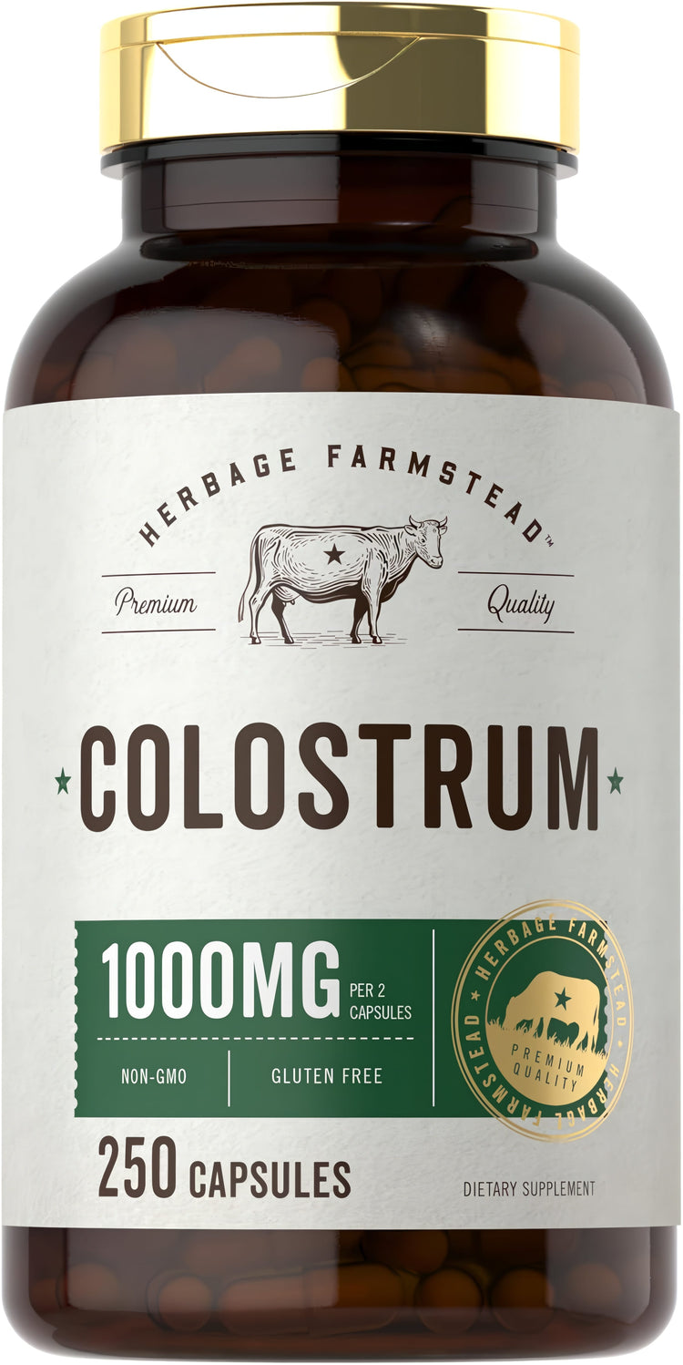 Bottle showing Colostrum 1000 mg dosage, 2 capsules, total 250 capsules.