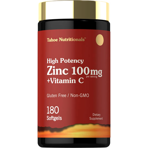View 1 High Potency Zinc 100mg plus Vitamin C, 180 softgels. Gluten-free, non-GMO dietary supplement.