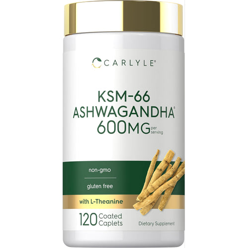 View 1 Carlyle KSM-66 Ashwagandha 600mg per serving, non-gmo, gluten free, with L-Theanine, 120 coated caplets.