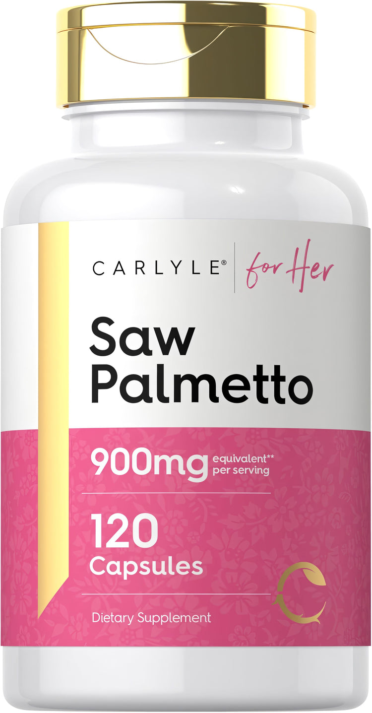 Carlyle Saw Palmetto for Her 900mg equivalent per serving, in a bottle of 120 capsules, supports women's health.