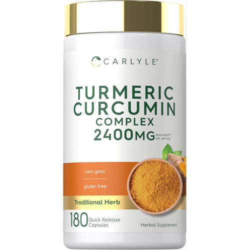 View 1 Carlyle Turmeric Curcumin Complex 2400MG is non-GMO and gluten-free, available in 180 quick release capsules.
