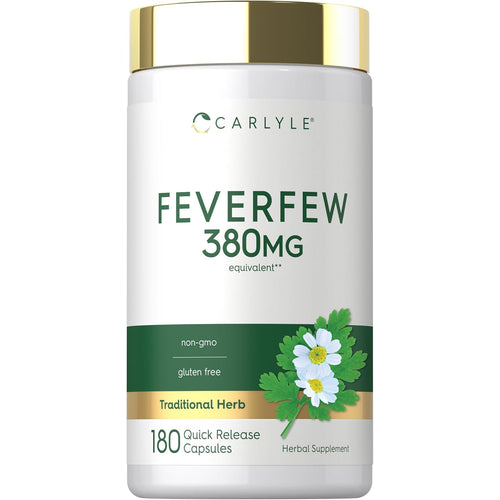 View 1 Feverfew 380 mg capsules in a bottle with 180 quick release capsules for herbal health support.