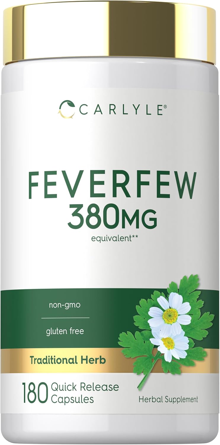 Feverfew 380 mg capsules in a bottle with 180 quick release capsules for herbal health support.